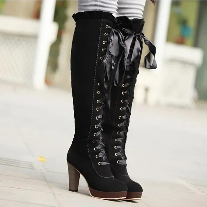 Funki Buys | Boots | Women's Over Knee Ribbon Lace Up Boots