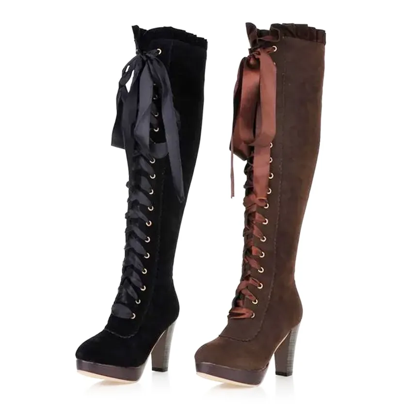 Funki Buys | Boots | Women's Over Knee Ribbon Lace Up Boots
