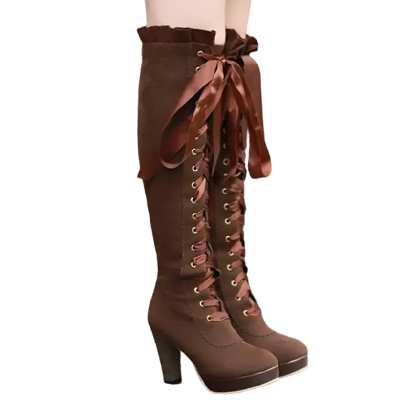 Funki Buys | Boots | Women's Over Knee Ribbon Lace Up Boots