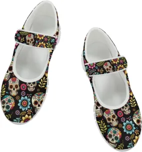 JoyLamoria Skull Rose Flats for Women Mesh Sneakers Fashion Causal Walking Shoes Womens Mary Jane Sneakers Y2K Gothic Footwear