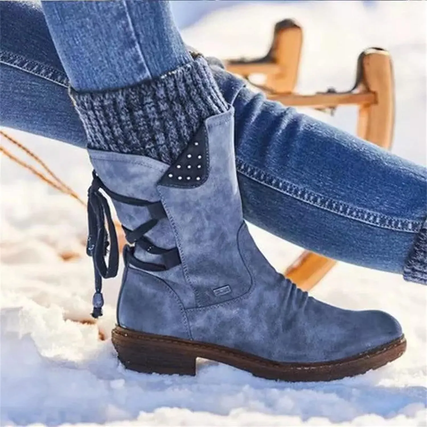 Lausiuoe Boots For Women Low Heel Sexy Western Cowboy Pointed Toe Knee High Cowgirl Wide Calf Fashion Chunky Booties