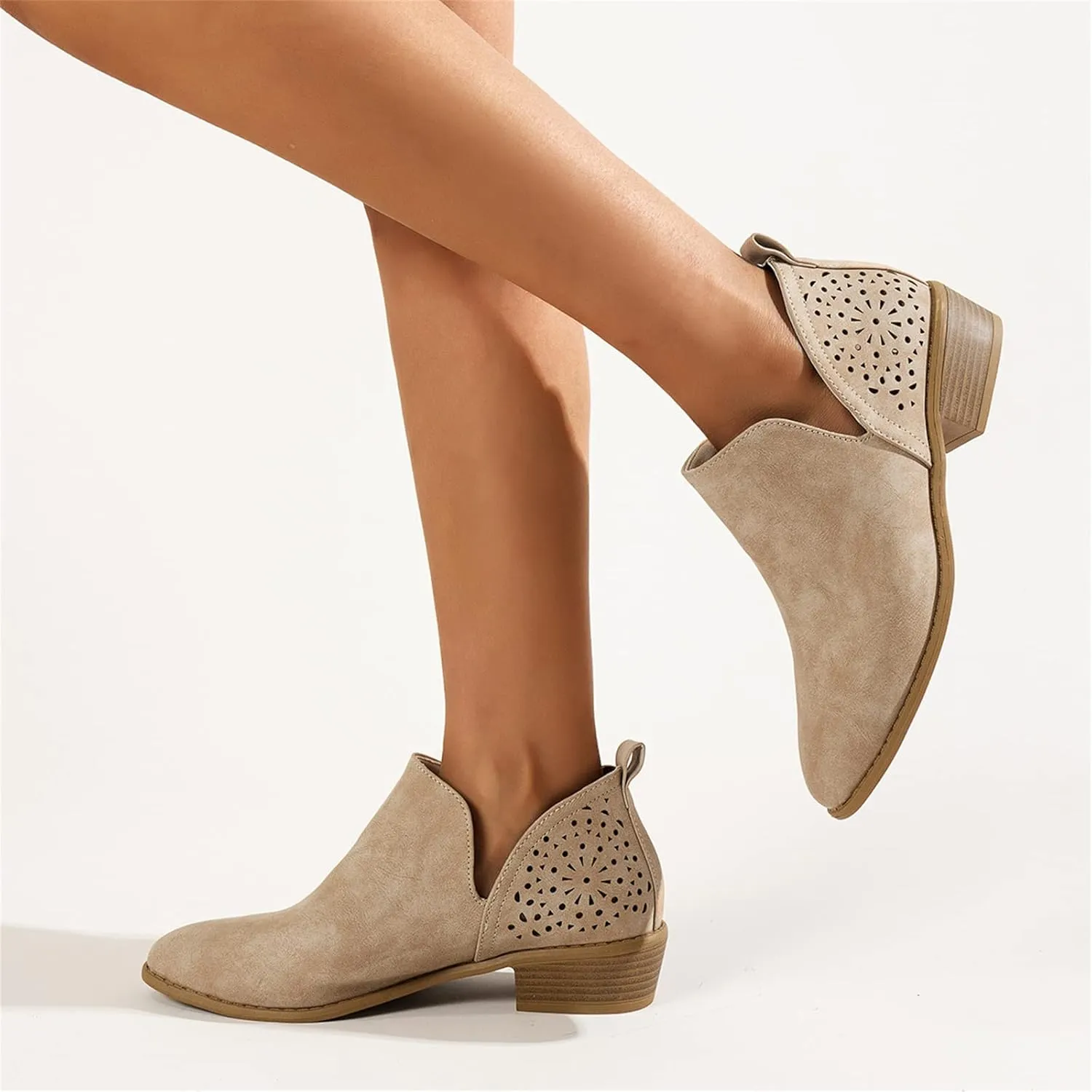 Lausiuoe Womens Boots Ankle Low Heel Cut Out Stacked Chunky Block Casual Dressy Slip on Fashion Wide Width Ankle Booties