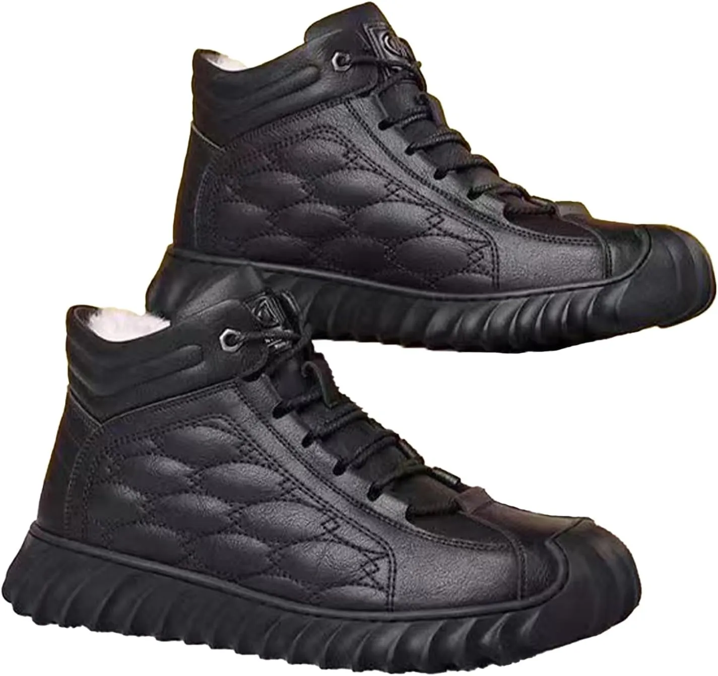 Men's Leather Round Toe Snow Boots Comfortable Lace-Up Ankle Boots Winter Plush Cotton Boots Walking Boots