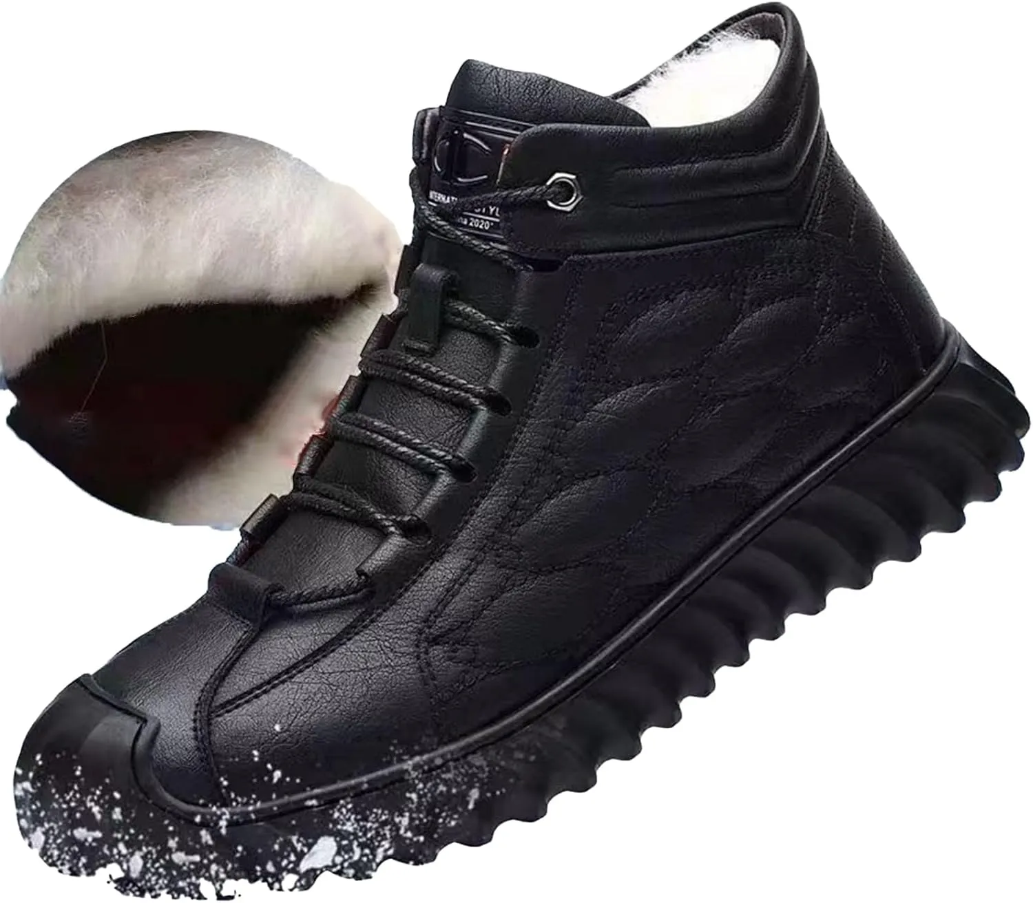 Men's Leather Round Toe Snow Boots Comfortable Lace-Up Ankle Boots Winter Plush Cotton Boots Walking Boots