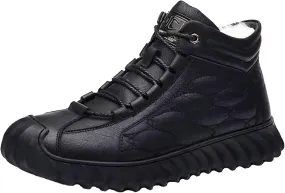 Men's Leather Round Toe Snow Boots Comfortable Lace-Up Ankle Boots Winter Plush Cotton Boots Walking Boots