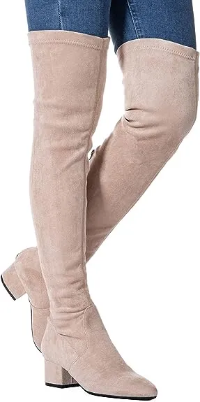 N.N.G Womens Zipper Suede Pointed Toe Low Block Heel Over The Knee Fashion Boots