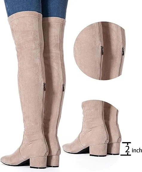 N.N.G Womens Zipper Suede Pointed Toe Low Block Heel Over The Knee Fashion Boots