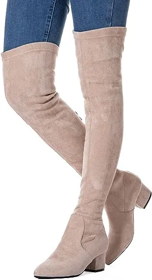 N.N.G Womens Zipper Suede Pointed Toe Low Block Heel Over The Knee Fashion Boots