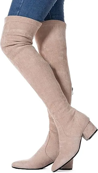 N.N.G Womens Zipper Suede Pointed Toe Low Block Heel Over The Knee Fashion Boots