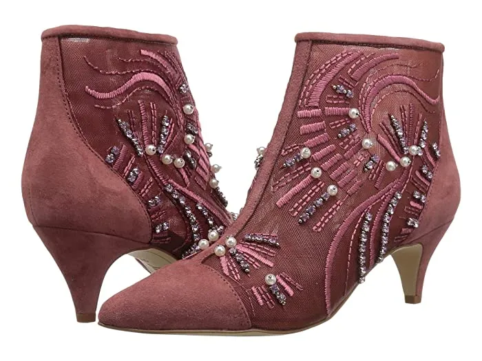 SAM EDELMAN Kami Kitten Heel Pointed Embroidered Booties In Misty Rose Suede