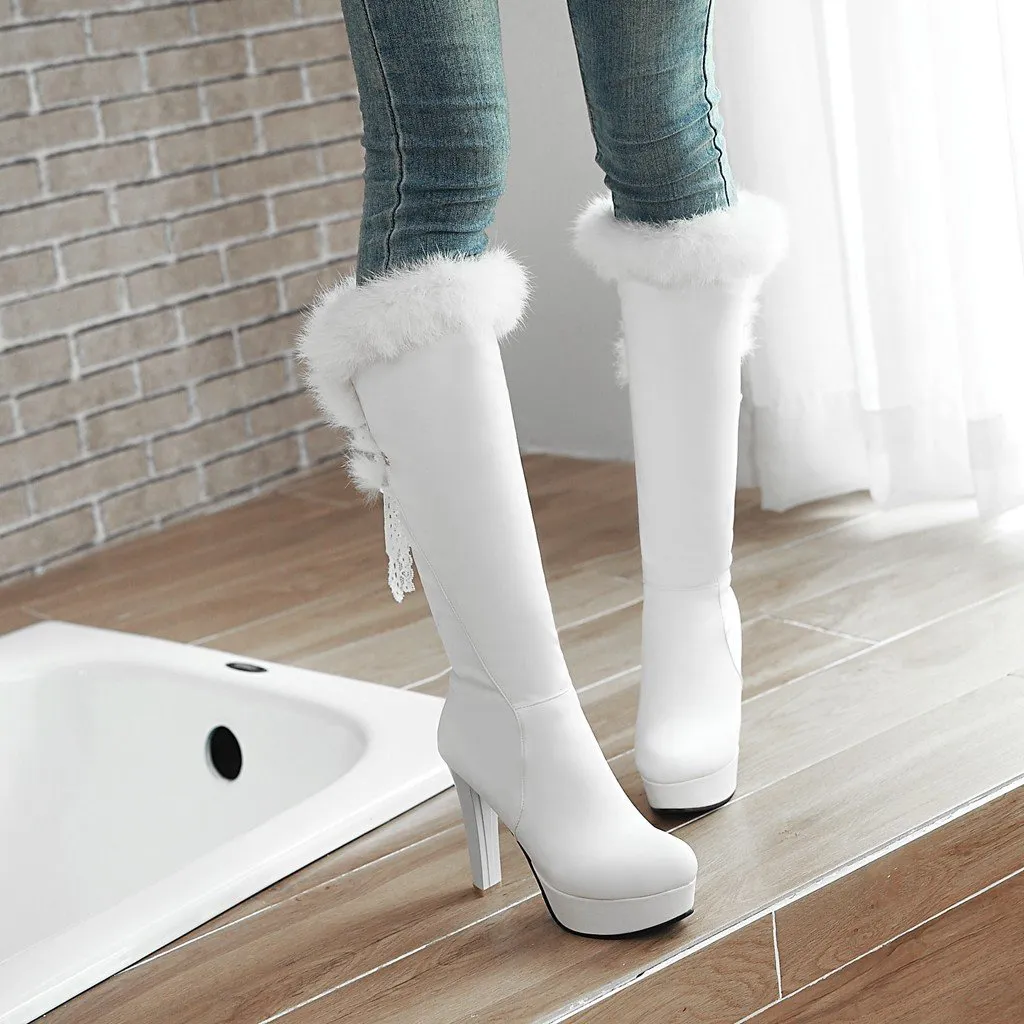 Winter sexy fuzzy cuff chunky high heeled knee high boots