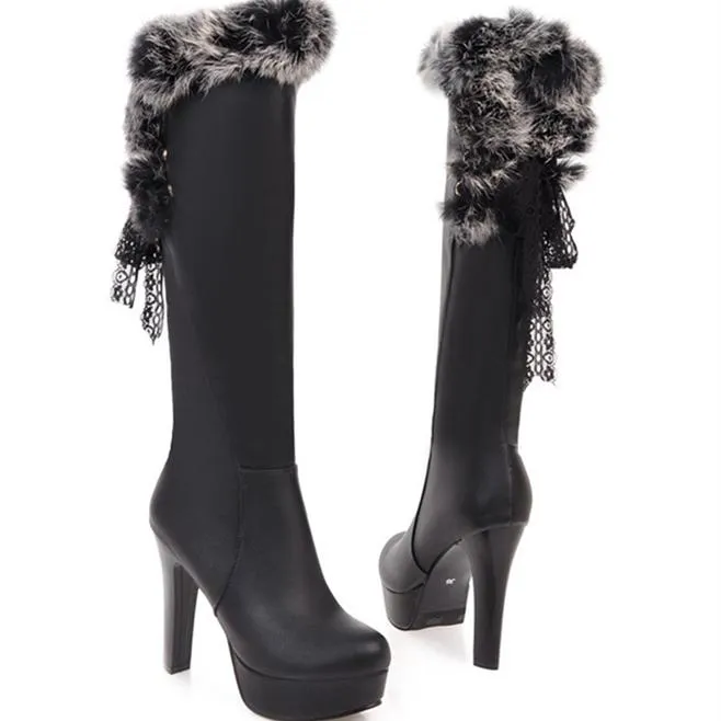 Winter sexy fuzzy cuff chunky high heeled knee high boots