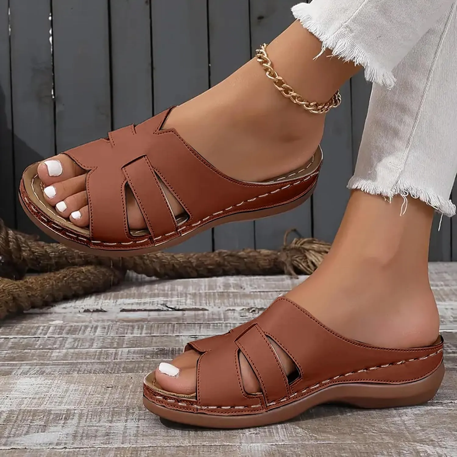 Women Arch Support Slides Orthotic Walking Sandals Orthopedic Sandals Comfortable Open Toe Crisscross Straps Slip on Sandals for Women