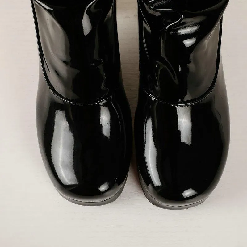 Women over the knee PU patent block heel boots with back zipper