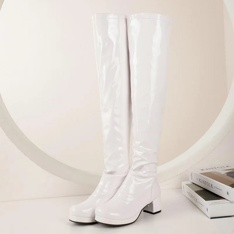 Women over the knee PU patent block heel boots with back zipper