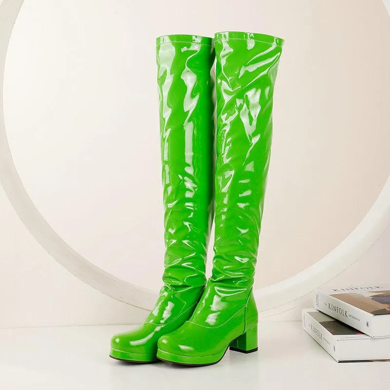 Women over the knee PU patent block heel boots with back zipper