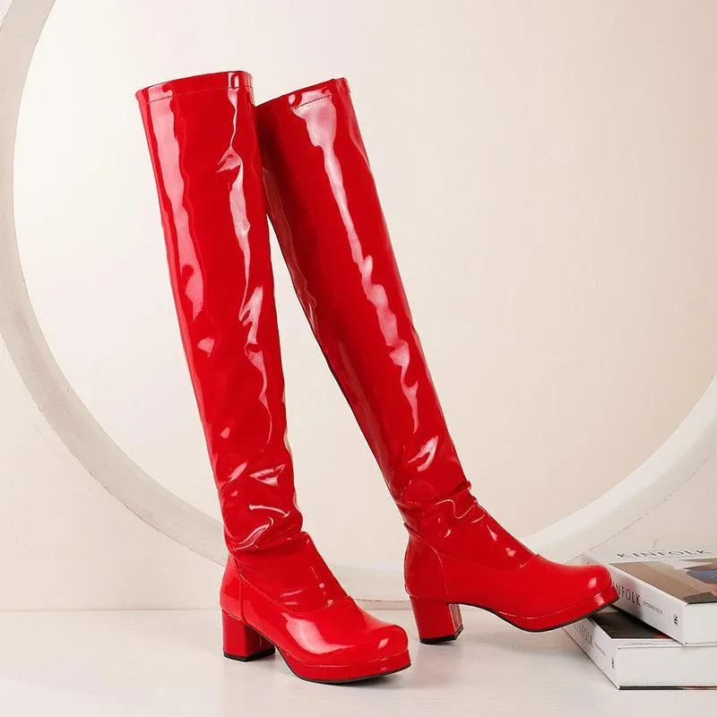 Women over the knee PU patent block heel boots with back zipper