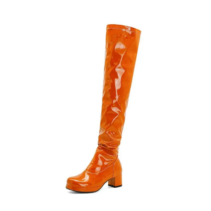 Women over the knee PU patent block heel boots with back zipper