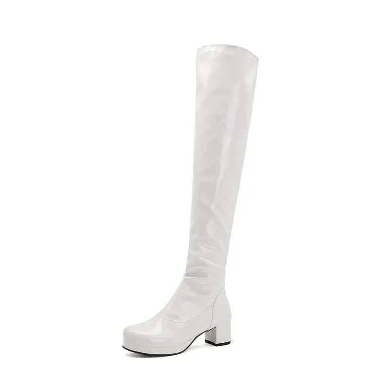 Women over the knee PU patent block heel boots with back zipper