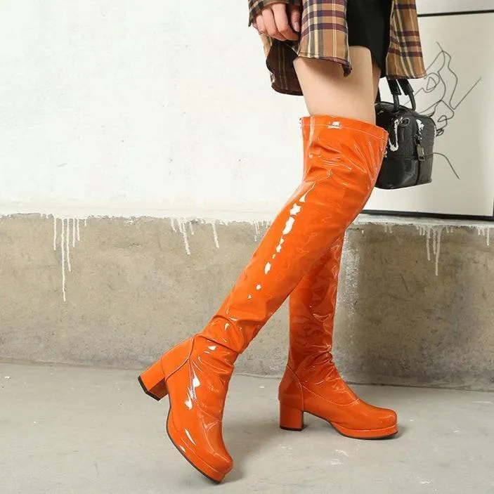 Women over the knee PU patent block heel boots with back zipper