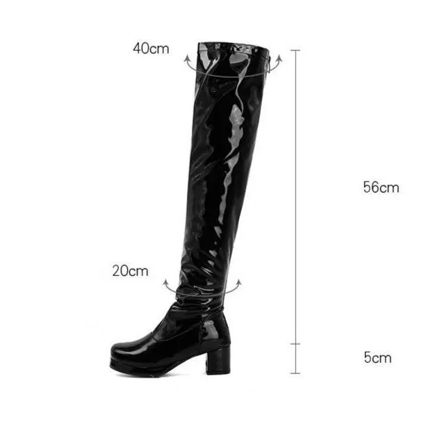 Women over the knee PU patent block heel boots with back zipper