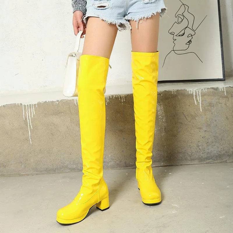 Women over the knee PU patent block heel boots with back zipper