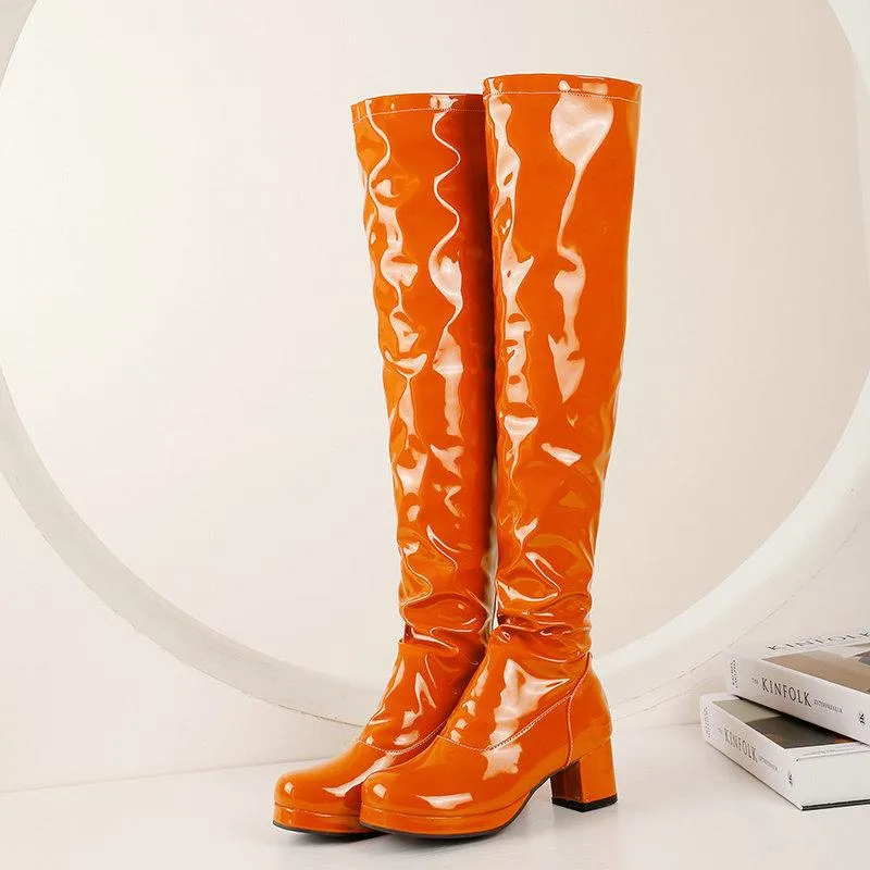 Women over the knee PU patent block heel boots with back zipper