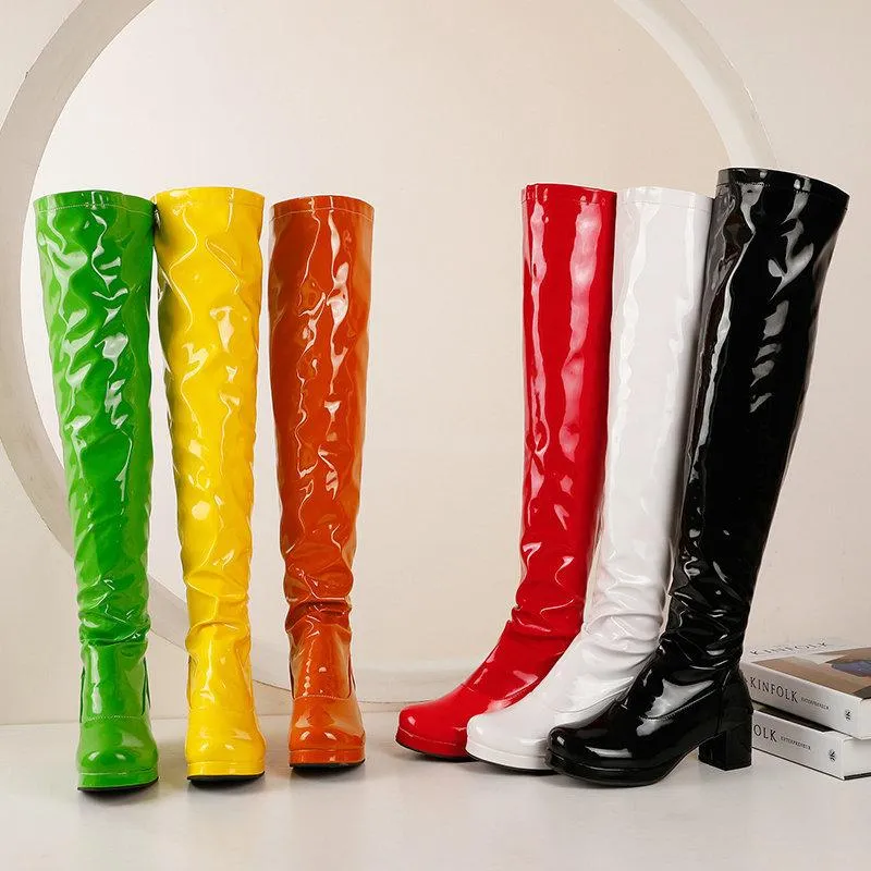 Women over the knee PU patent block heel boots with back zipper