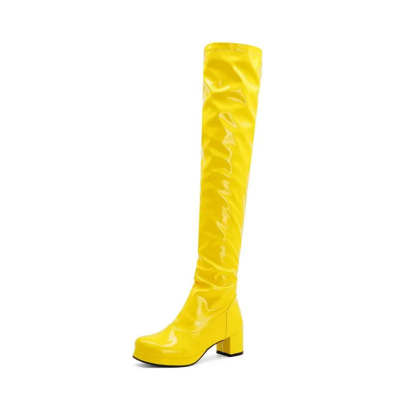 Women over the knee PU patent block heel boots with back zipper