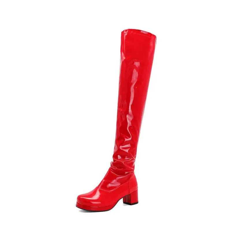 Women over the knee PU patent block heel boots with back zipper