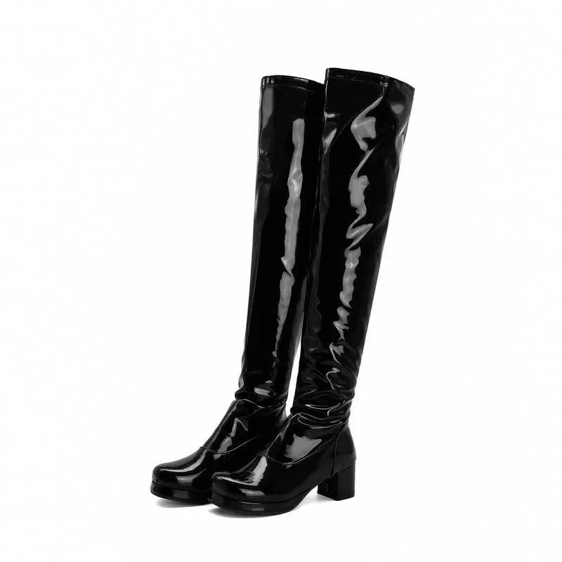 Women over the knee PU patent block heel boots with back zipper