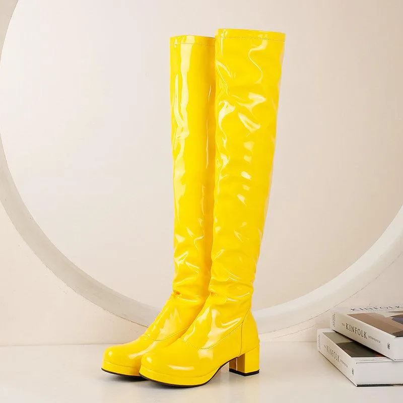Women over the knee PU patent block heel boots with back zipper
