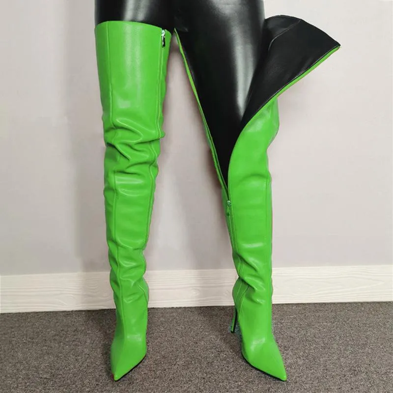 Women sexy stiletto thigh high boots PU leather pinted toe over the knee boots