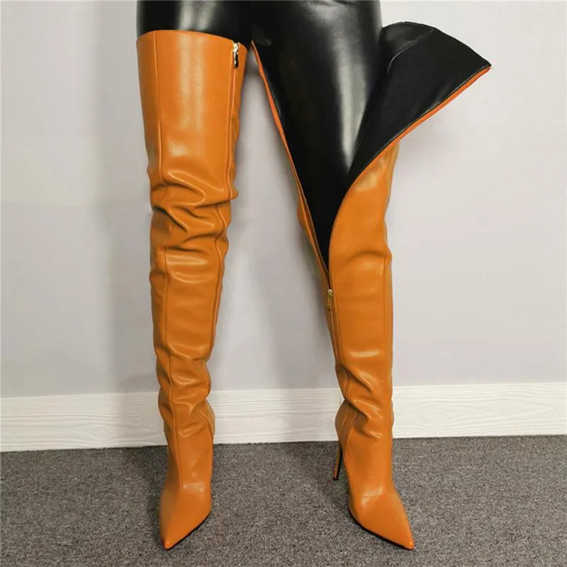 Women sexy stiletto thigh high boots PU leather pinted toe over the knee boots