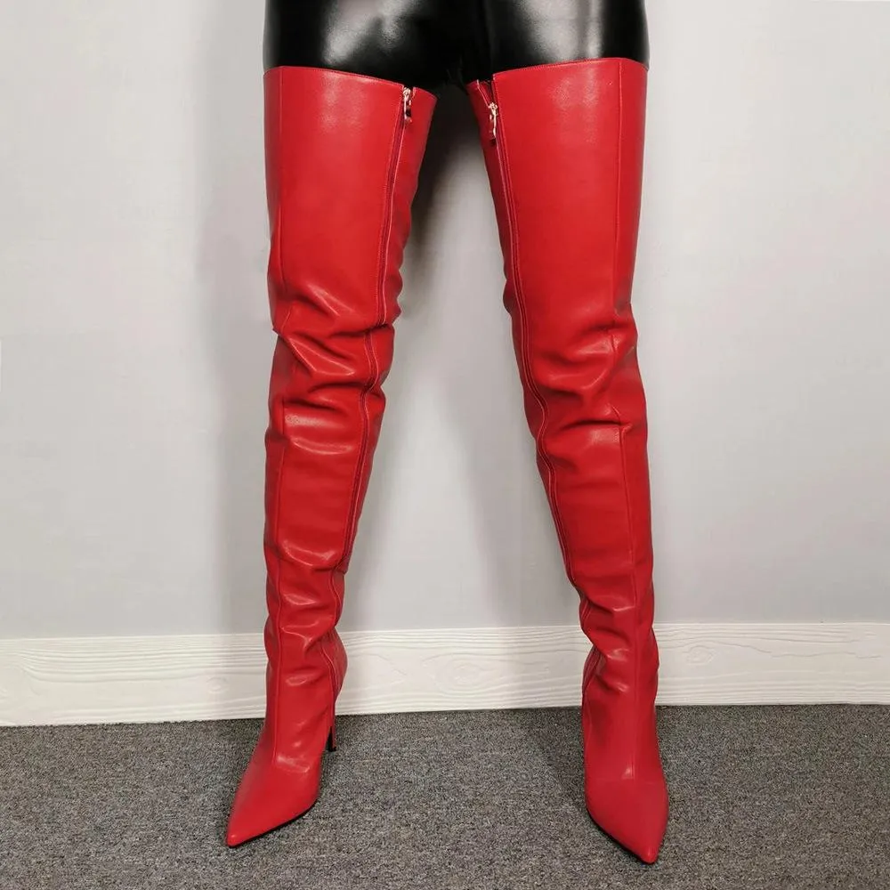 Women sexy stiletto thigh high boots PU leather pinted toe over the knee boots