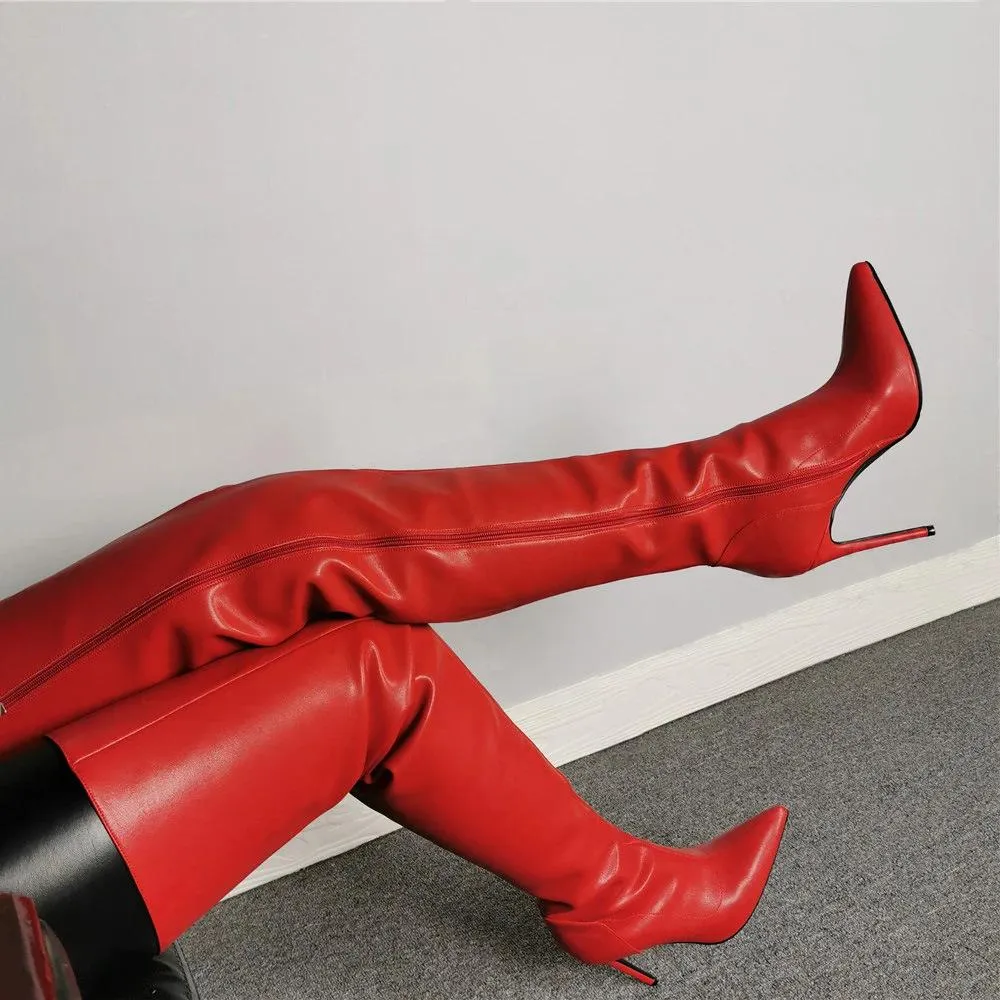 Women sexy stiletto thigh high boots PU leather pinted toe over the knee boots