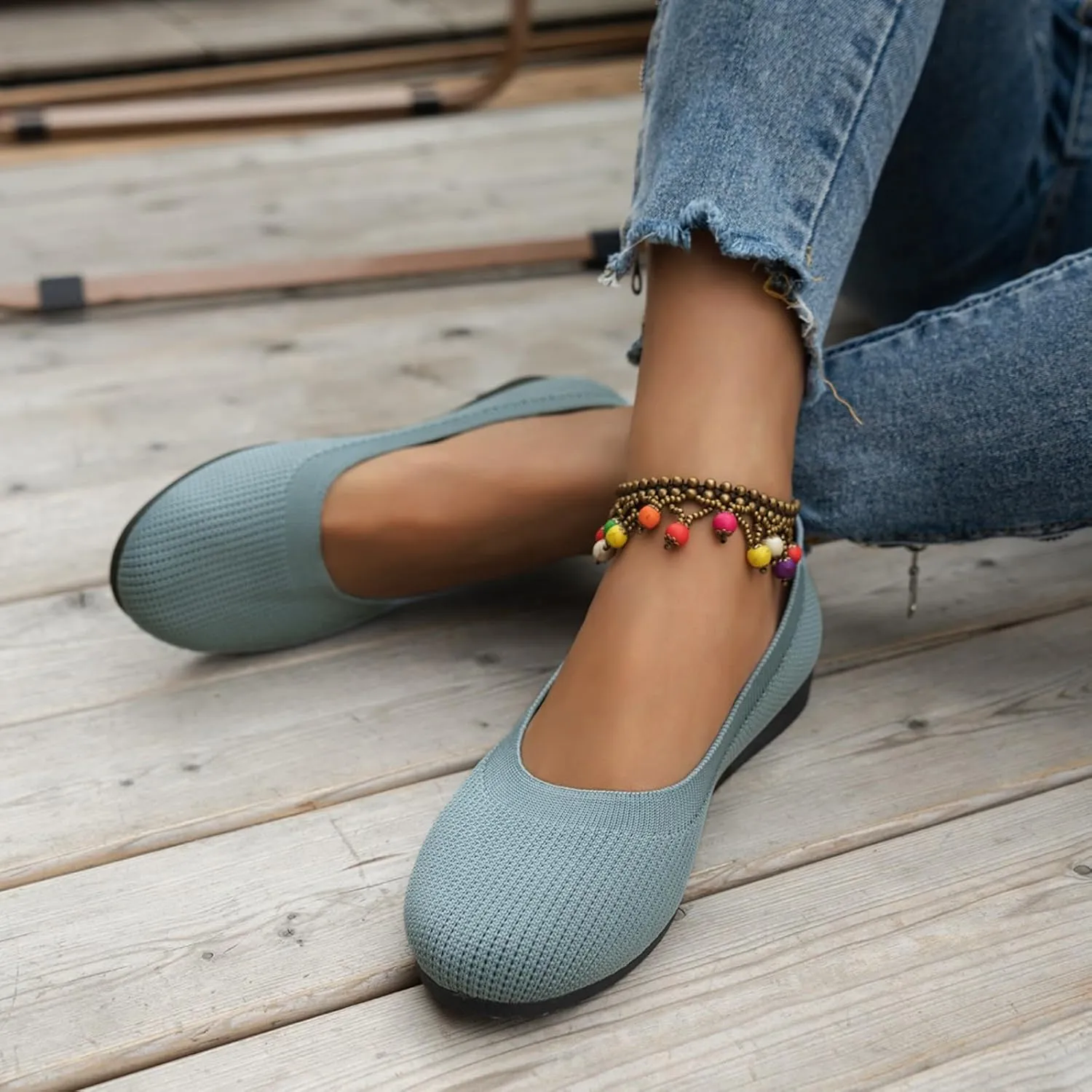 Women's Ballet Flats Round Toe Walking Flats Fashion Slip On Work Shoes Knitted Flats Shoes for Woman Soft Lightweight