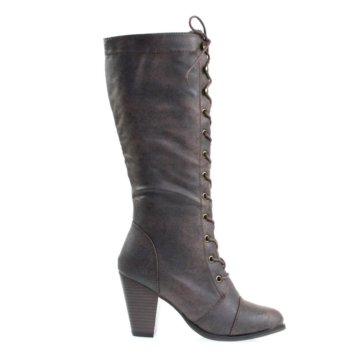 Women's Fashion Military Combat Boots w Chunky Block Heel, Faux Wood