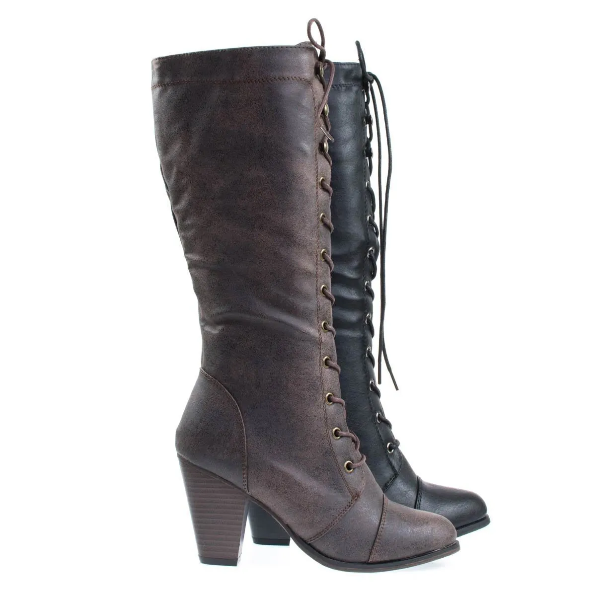 Women's Fashion Military Combat Boots w Chunky Block Heel, Faux Wood