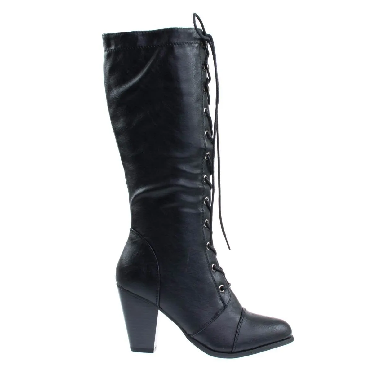 Women's Fashion Military Combat Boots w Chunky Block Heel, Faux Wood