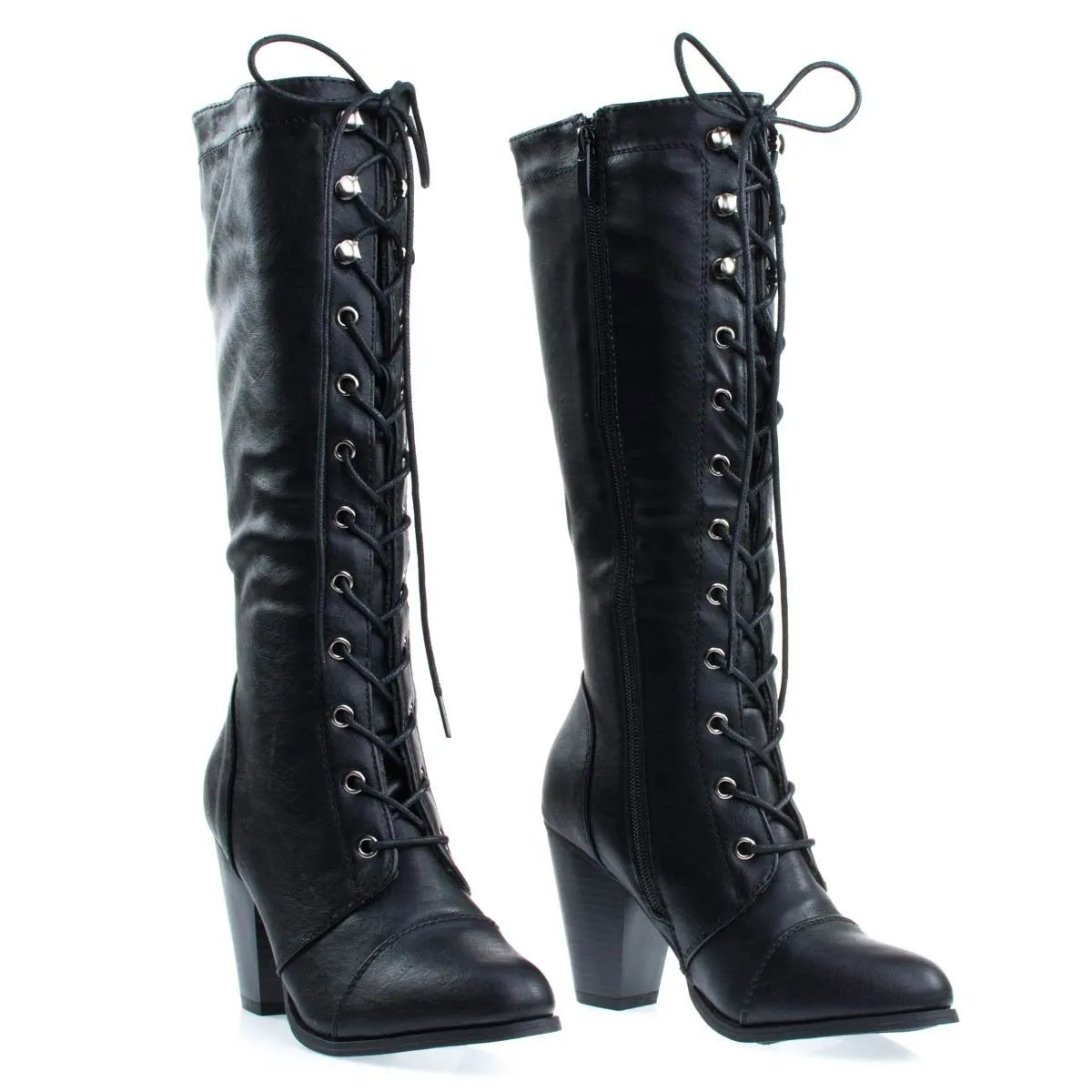 Women's Fashion Military Combat Boots w Chunky Block Heel, Faux Wood