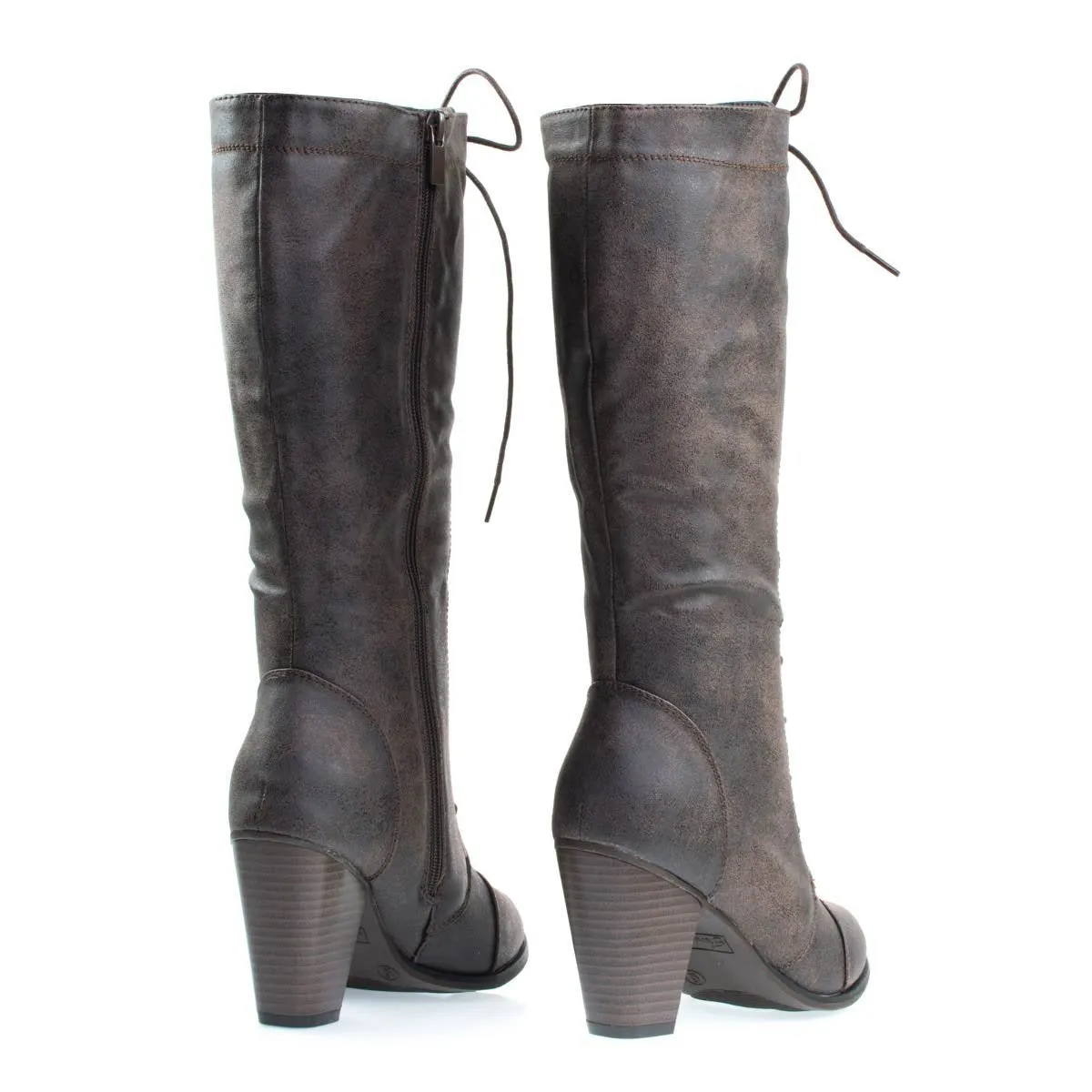 Women's Fashion Military Combat Boots w Chunky Block Heel, Faux Wood