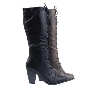 Women's Fashion Military Combat Boots w Chunky Block Heel, Faux Wood