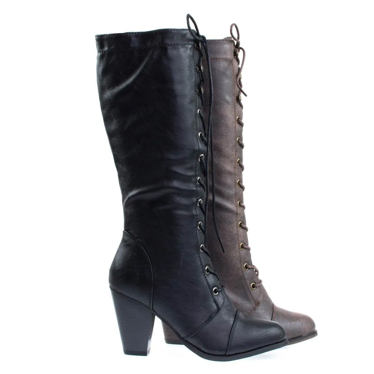Women's Fashion Military Combat Boots w Chunky Block Heel, Faux Wood