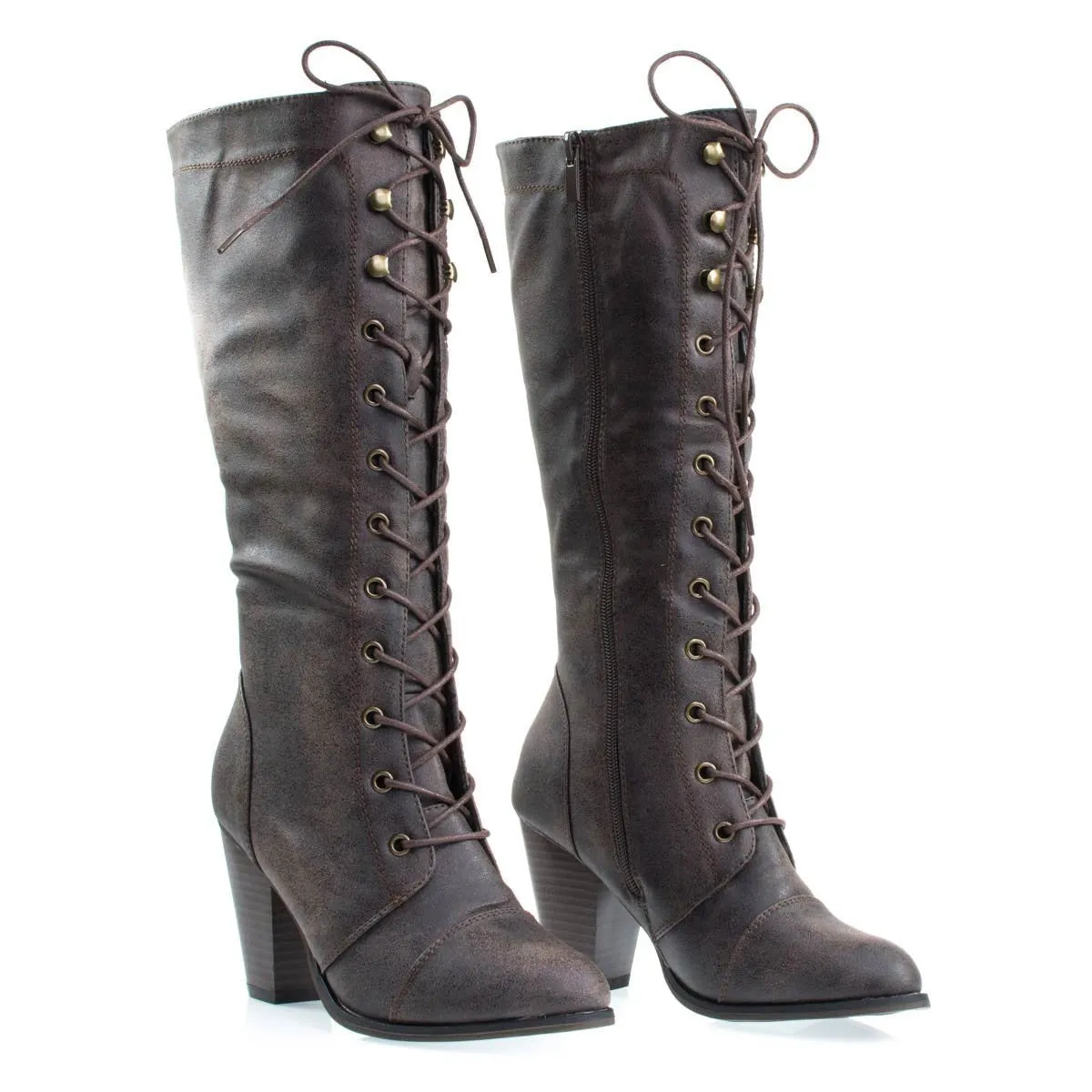 Women's Fashion Military Combat Boots w Chunky Block Heel, Faux Wood