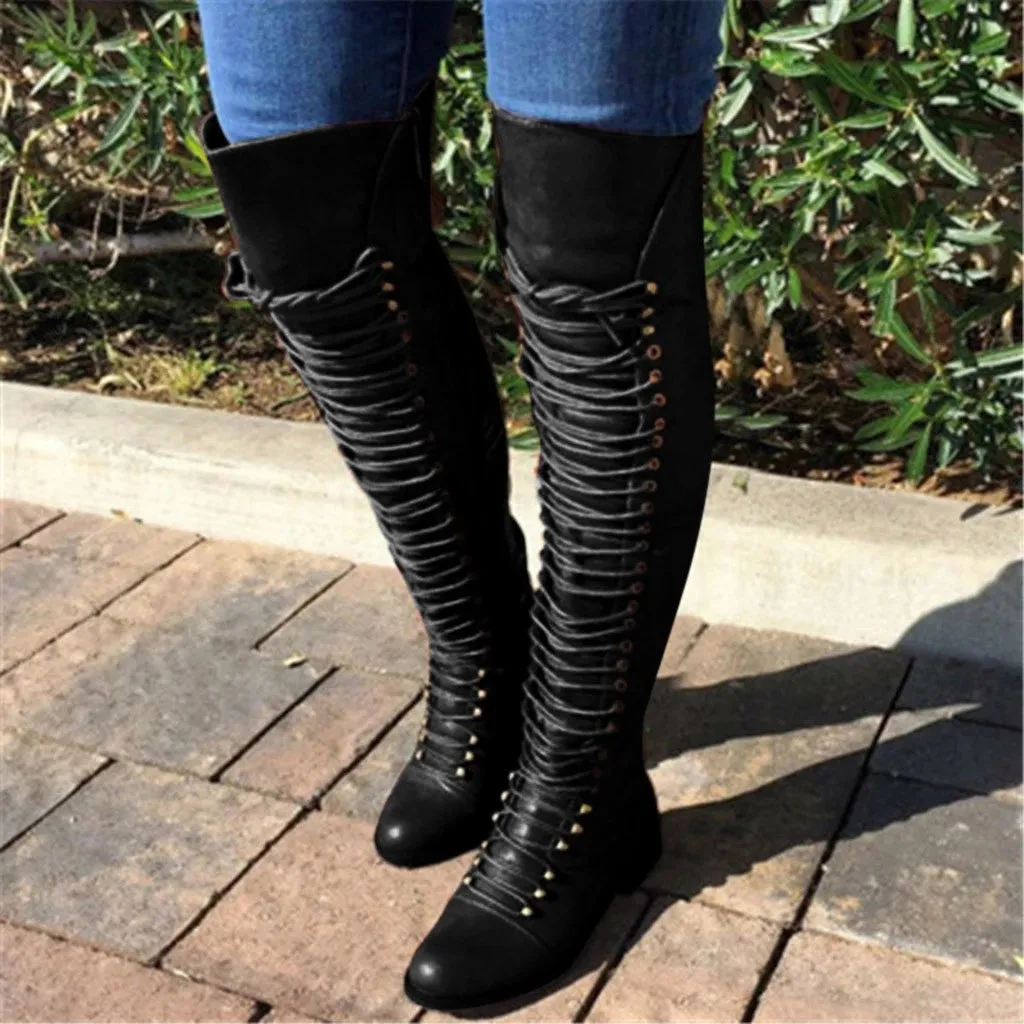 Women's low heel thigh high zipper boots with front lace