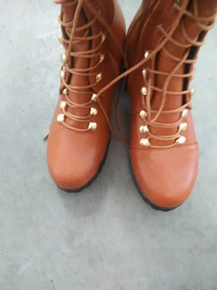 Women's low heel thigh high zipper boots with front lace