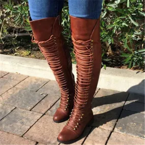 Women's low heel thigh high zipper boots with front lace