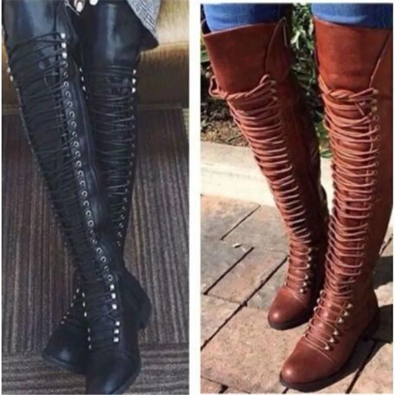 Women's low heel thigh high zipper boots with front lace