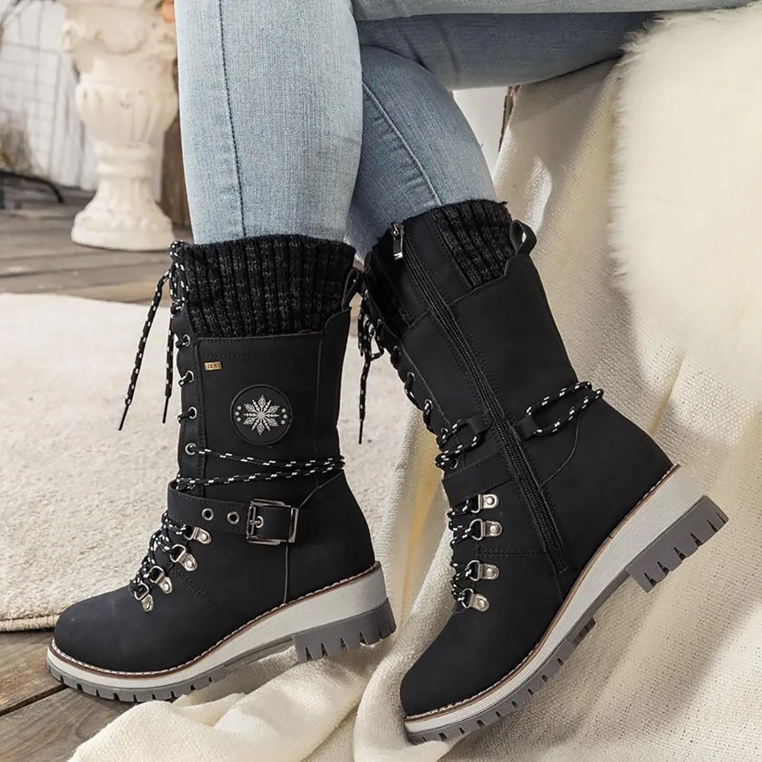 Womens Snow Boots Womens Winter Snow Boots Walking Comfortable Hiking Furry Mid Calf Lace Up Warm Booties Shoes